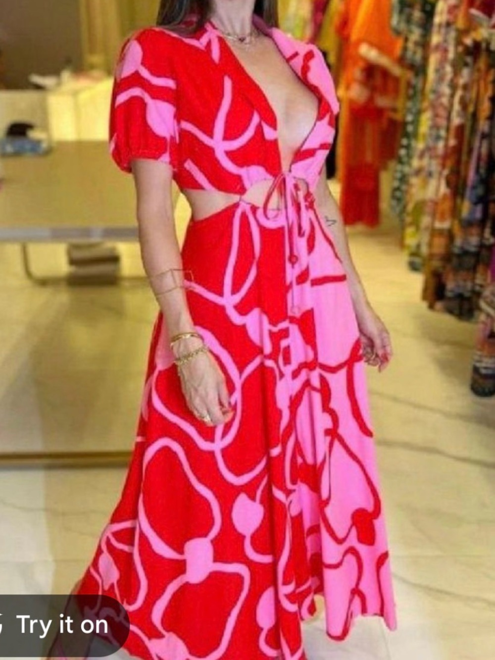 Farm rio sz m Red & Pink Tie-Front Maxi Dress waist cut - Picture 1 of 8
